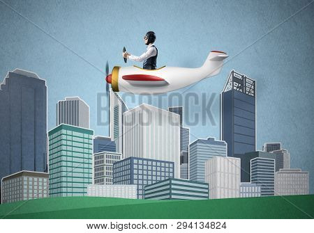 Businessman Sitting In Small Propeller Plane And Flying Above Metropolis. Aviator Driving Retro Airp