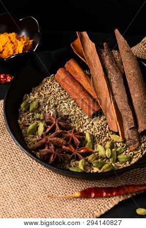 Exotic Herbal Food Concept Mix Of The Organic Spices Cinnamon Stick, Cardamom Pods, Cloves, Star Ani
