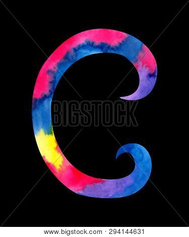 Hand Painted Watercolor English Letter C Whit Gentel Pink, Blue, Purple And Yellow Splashes