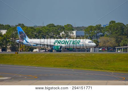 Orlando, Florida.  March 01, 2019. United Airlines Aircraft On Runway Preparing For Departure From T