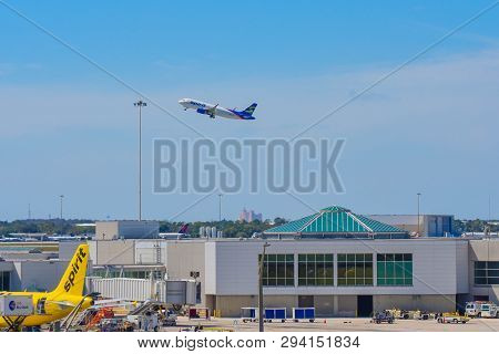 Orlando, Florida.  March 02, 2019. Frontier Aircraft On Runway Preparing For Departure From The Orla
