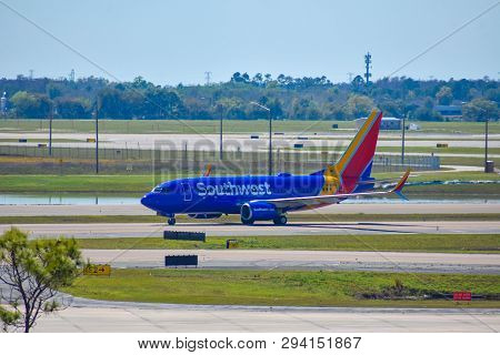 Orlando, Florida.  March 02, 2019. Frontier Aircraft On Runway Preparing For Departure From The Orla