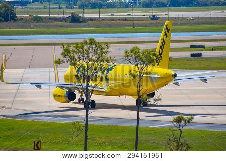 Orlando, Florida.  March 02, 2019. View Of Airplane From Spirit Airlines (nk)  At The Gate In Orland