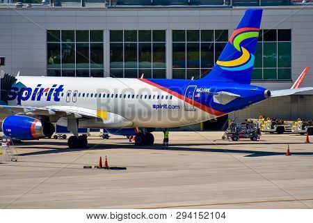 Orlando, Florida.  March 02, 2019. Frontier Aircraft On Runway Preparing For Departure From The Orla