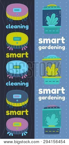 New Technologies, Artificial Intelligence. Robot Vacuum Cleaner Ultra Thin Design. Smart Greenhouse 