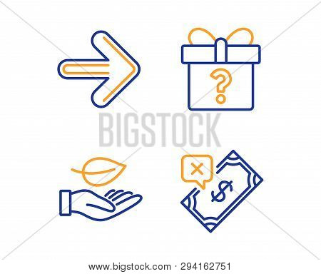 Next, Secret Gift And Leaf Icons Simple Set. Rejected Payment Sign. Forward, Unknown Package, Plant 