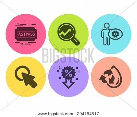 Click Here, Discount And Analytics Icons Simple Set. Cogwheel, Fastpass And Recycle Water Signs. Pus