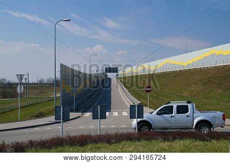 Departure From The Highway. Roundabout On The Local Road.