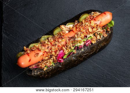 Homemade Hot Chili Dog With Onions And Sauce.