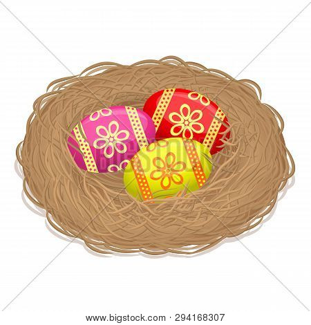 Easter Eggs - Illustration. Nest  With Easter Eggs  On White Background.