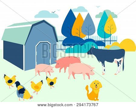 Farm Yard, Animals. Flat In Minimalist Style. Cartoon Vector