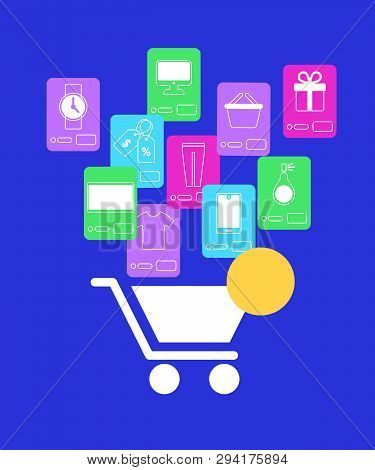 White Shopcart And Different Mobile Application Icons For Online Shopping On Blue Background. Winter