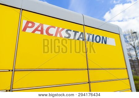 Nuremberg / Germany - April 7, 2019: Dhl Packstation Stands On A Street In Nuremberg. Packstation Me