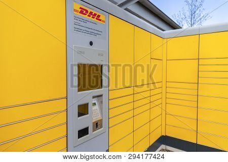 Nuremberg / Germany - April 7, 2019: Dhl Packstation Stands On A Street In Nuremberg. Packstation Me