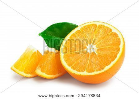 Orange Fruit Half With Leaves Isolated On White Background