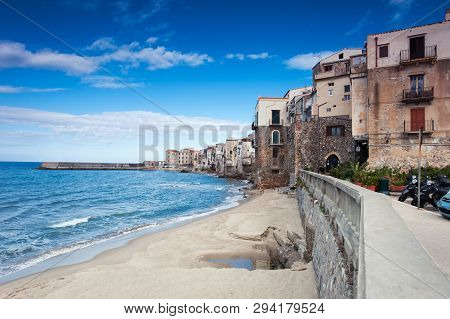 Cefalu, Sicily. Ligurian Tyrrenian Sea And Sunny Old Town-medieval Sicilian City. Province Of Palerm