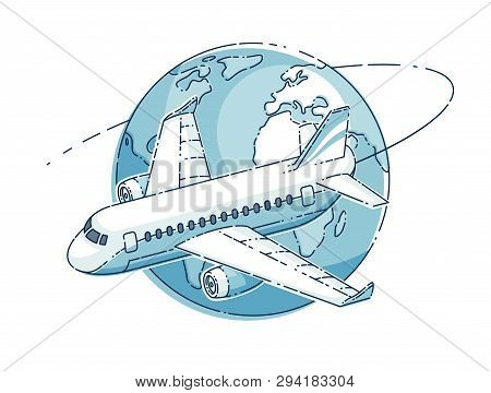 Airlines Air Travel Emblem Or Illustration With Plane Airliner And Planet Earth. Beautiful Thin Line