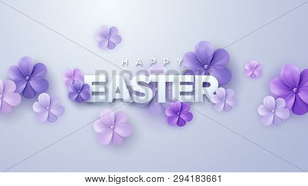 Happy Easter. Vector Holiday Illustration. Christian Religious Event. Easter Sale Banner With Purple
