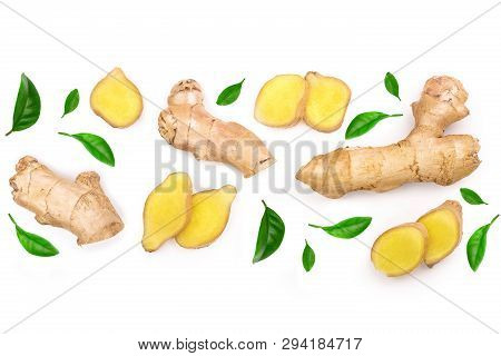 Fresh Ginger Root And Slice Isolated On White Background With Copy Space For Your Text. Top View. Fl
