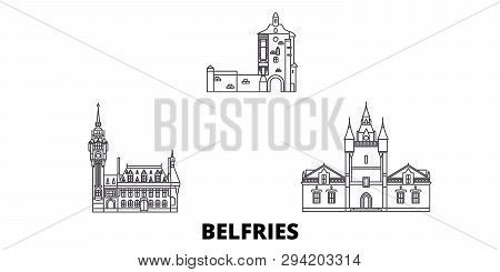 France, Belfries Line Travel Skyline Set. France, Belfries Outline City Vector Illustration, Symbol,
