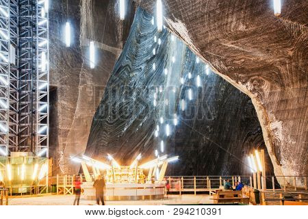 TURDA, ROMANIA - MARCH 10, 2018: Turda Salt Mine or Salina Turda, well known landmark in Transylvania with an underground museum and theme park, Romania, Europe