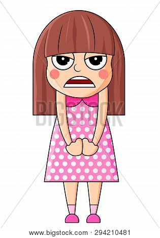 Beautiful Girl Kawaii Vector Illustration. Brunette Little Anry Girl Character Illustration.
