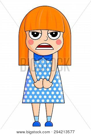 Beautiful Girl With Red Hair Kawaii Vector Illustration. Little Anry Girl Character Illustration.