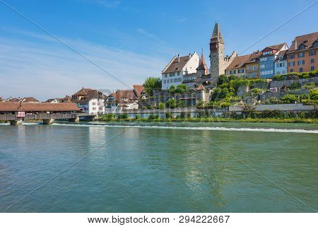 Bremgarten, Switzerland - June 16, 2018: Buildings Of The Historic Part Of The Town Along The Reuss 