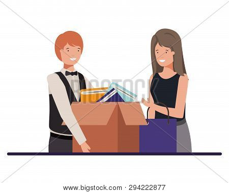 Cuople With Cardboard Box And Shopping Bag Vector Illustration Desing