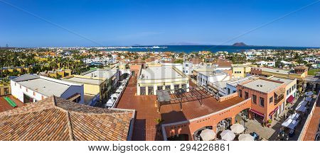 Panoramic Aerial View Of Corralejo Town On Fuerteventura Island, Canary Islands, Spain. Atlantic Oce