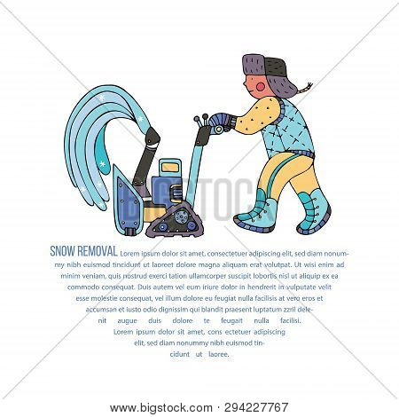 A Man Clearing The Snow With A Blower. Fine For Ice And Snow Removal Services Promotion, Articles Ab