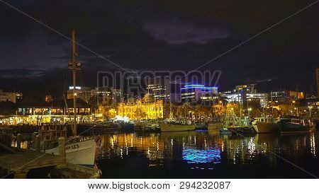 Hobart, Tasmania, Australia- April, 11, 2016: Night Time View Of Fishing Vessels At Victoria Dock In