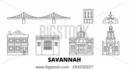United States, Savannah Line Travel Skyline Set. United States, Savannah Outline City Vector Illustr
