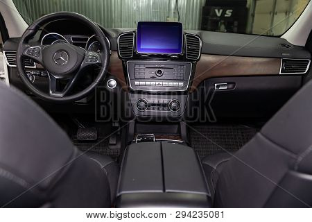 Novosibirsk, Russia - 08.01.18: Interior View With Steering Wheel And Dashboard Of Luxury Very Expen