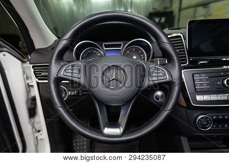Novosibirsk, Russia - 08.01.18: Interior View With Steering Wheel And Dashboard Of Luxury Very Expen