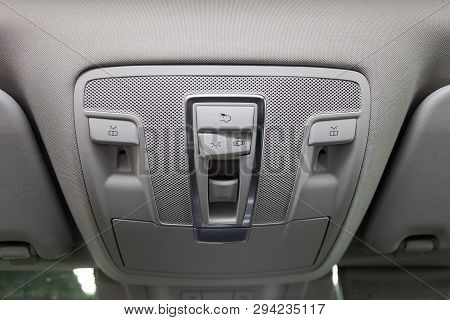 Novosibirsk, Russia - 08.01.18: Interior View With Steering Roof Panel Dashboard Of Light Control Of