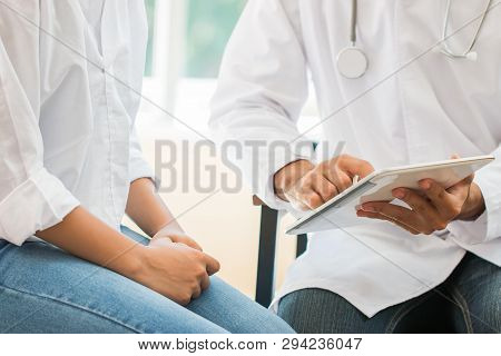 Healthcare Medical Concept, Doctor Psychiatrist Consulting Gynecological Female Illness, Use Pointin