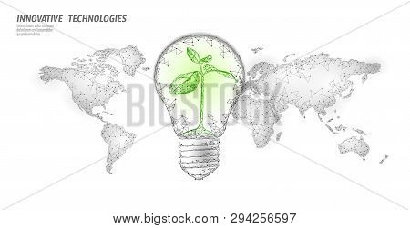 Light Bulb With Small Plant On World Map. Lamp Saving Energy Ecology Environment Sprout Idea Concept