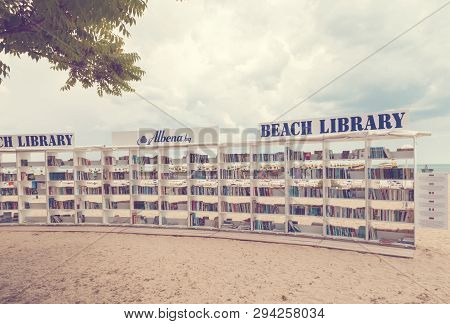 Albena, Bulgaria - June 20, 2017 : Library On The Beach In Albena. Luxury Resort Near Varna, Bulgari