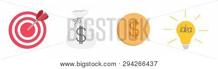 Business Icon Set Line. Target Moneybag Gold Coin Light Bulb Idea Concept. Flat Design. White Backgr