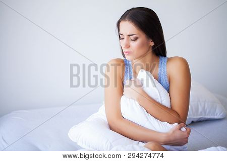 Body Pain. Close Up Of Beautiful Woman Body Having Stomach Ache