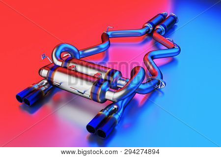 Tuning Exhaust System For A Sports Car. Car Muffler, Exhaust Silencer On A Multicolor Background