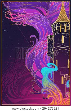 Burning Tower. Fantasy Concept Drawing. Fantasy Background, Textile Print Or Greeting Card. Vertical