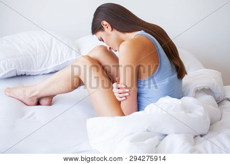 Body Pain. Close Up Of Beautiful Woman Body Having Stomach Ache