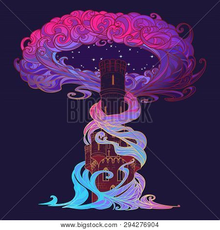 Tower Of Dreams. Dark Gothic Tower In The Center Of A Storm Isolated On A Dark Background. Fantasy C
