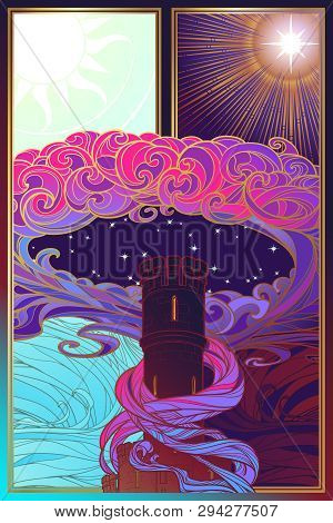 Tower Of Dreams At The Edge Of Day And Night. Fantasy Concept Drawing. Fantasy Background, Textile P