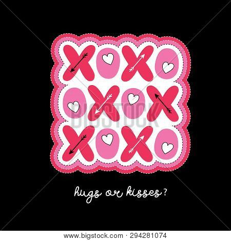 Flat Bright Xoxo Valentines Day Typography Vector Greeting Card. Patch Hearts And Arrows. Love. Xoxo