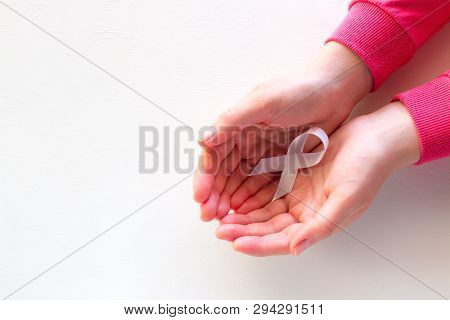 Woman Hold White Ribbon With Copy Space
