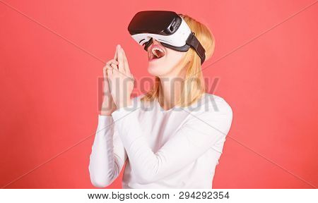 Cheerful Smiling Woman Looking In Vr Glasses. Woman Using Vr Device. Person With Virtual Reality Hel