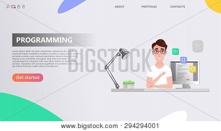 Programmer At Work Concept. Cartoon Character Man Does Programs In The Office, Program Code On The M